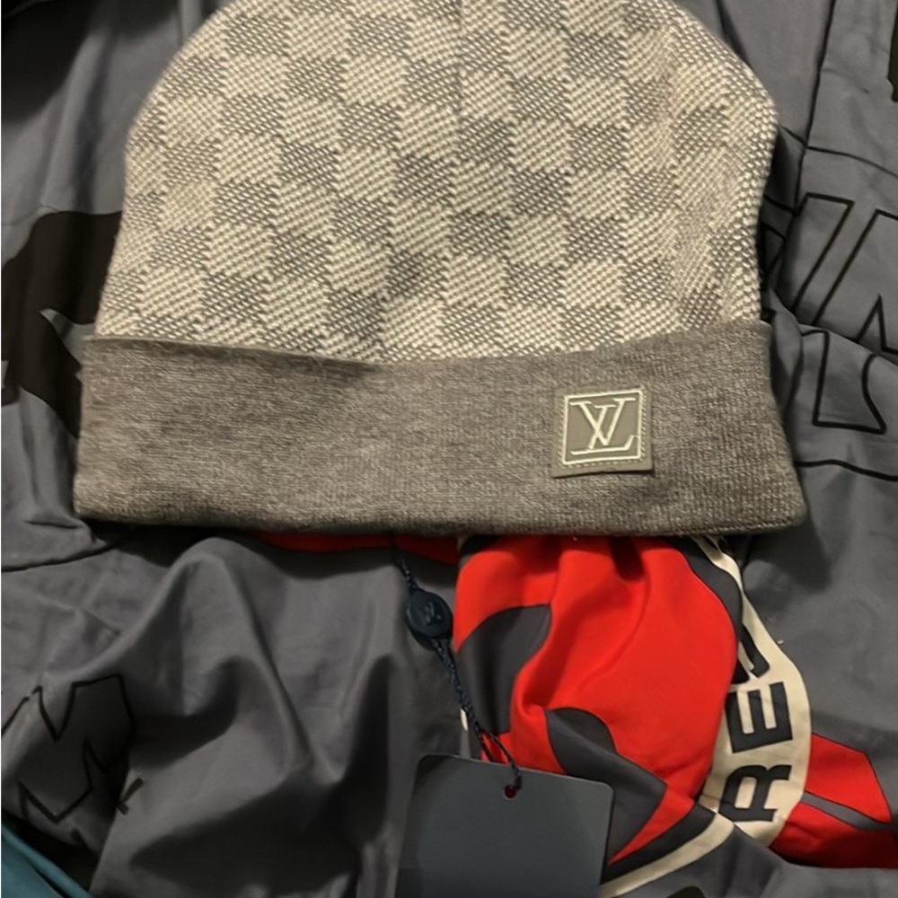 Louis Vuitton Gray Knit Hat with LV Logo